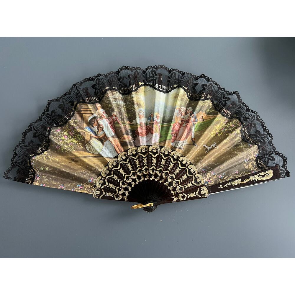 Vintage ABANICOS Decorative Folding Hand Fan With Lace Edging